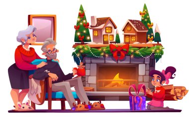 Kışlık köy gösterisiyle şöminenin yanında bir aile. Büyükannem yaşlı bir adamla otururken küçük kız yerde hediye kutusunu açıyor. Konforlu Noel ev dekorasyonu.