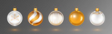 Beyaz ve altın desenli Noel mücevherleri - kar tanesi desenli, spiral parıltılı dekorasyon, çizgili süs, katı metalik ve minimalist süslemeli top. Parlak başlıklı 3 boyutlu kzma küreleri