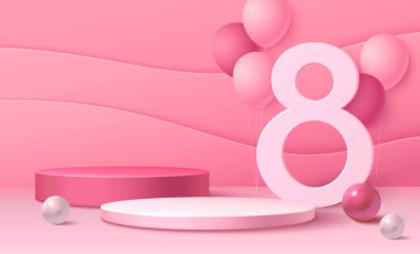 Mutlu kadınlar için Pembe 3D 8 Mart podyumu. Satış sahnesi ve inci küresi olan uluslararası bir etkinlik. Sayı, top ve kağıt kesme dalgasıyla soyut gösteri salonu dekorasyonu