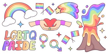 Gökkuşağı gradyan elementlerinden oluşan LGBTQ etiket seti - patlayan volkan, kayan yıldız, yüzen bayraklar. Renkli metin LGBTQ Gurur ve cinsiyet sembolleri, parıldayan yıldızlar ve gurur tasarımı için kalbi tutan eller