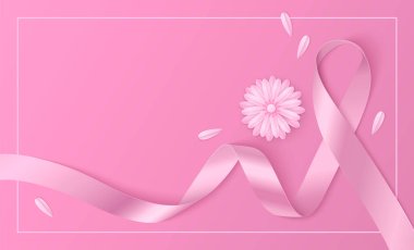 Pembe farkındalık kurdelesi gül arka planında çiçek ve yapraklarla birlikte akıyor. Tasarım, tıbbi sunumlar veya sağlık bilgisi afişleri için göğüs kanseri destek kampanyasını sembolize ediyor.