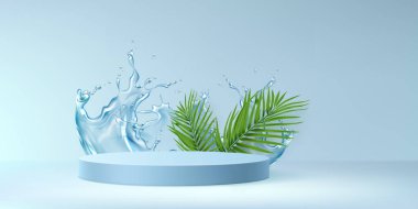 Yaz plajı veya güzellik kozmetik ve spa tanıtım sahnesi açık mavi silindir podyumu, damlalarla temiz su sıçraması ve mevsimlik satış için yeşil palmiye yaprakları ve ürünler sunumu.