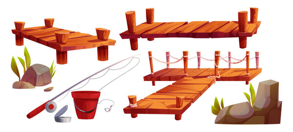 Wooden fishing pier with planks, posts and rope railings. Wharf with rocks and plants, fishing rod, bucket and can with bait. Rustic natural design elements for outdoor recreational activities scene.