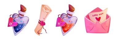 Magical romantic items set - heart shaped potion bottles filled with liquid, sealed parchment scroll tied with ribbon, pink envelope with love message on card. Valentine Day designs or game elements. clipart