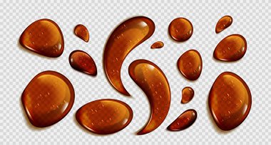 Amber colored oil drops with varied irregular shapes and sizes on transparent background. Realistic 3d vector illustration set of brown droplets of natural serum, skincare product or liquid syrup. clipart