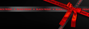 Black Friday sale red ribbon banner for discount. November ad deal tape for announcement promotion or gift on shopping. Special caution advertising with bow decoration layout. Modern shop border clipart