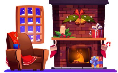 Noel şöminesi ev oturma odası vektöründe. Tatil dekorasyonu, hediye ve kar ile izole edilmiş pencere manzaralı, kapalı bir kış illüstrasyonu. Xmas ve Yeni Yıl kutlamaları ev kavramında