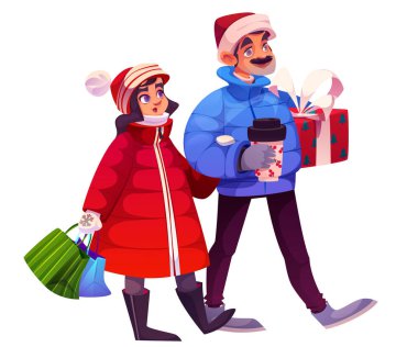 Noel insanları kış vektör illüstrasyonunda hediyelerle dolaşırlar. Alışveriş torbası ve Noel zamanı gülümseyen mutlu çift karakteri. Sürpriz alışverişler yapan kadın ve erkek ve yürüyen çizgi film