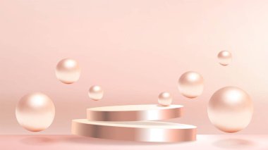 Pastel arka planda çift platformun etrafında inci küreler yüzen şık bej uçan silindir ürün podyumu. Zemin ve duvarlı gerçekçi 3D vektör stüdyo sahnesi, sahne ve toplar..