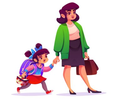 Anne, beyaz arka planda izole bir şekilde okula kız öğrenci olarak gidiyor. Sırt çantası taşıyan küçük bir kızın vektör çizimi. Çantalı bir iş kadını, ilkokul, çocukluk.