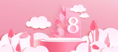 8 March banner with pink round podium and clouds. Vector realistic illustration of holiday promo background with white figure, tulip flowers decoration, cosmetic, perfume, gift presentation stage clipart