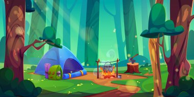 Ormanda kamp çadırı, turist sırt çantası, şenlik ateşinde tencere, tahta kütükte balta. Çevre turizmi ve açık hava tatili konsepti için kamp alanı olan yaz günü manzarası. Çizgi film macera sahnesi.