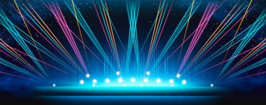 Sahne ışıklandırması muhteşem bir sahne - parlak spot ışıkları koyu arkaplanda, neon mavisi, pembe ve turuncu lazer ışınları yukarı doğru fırlıyor, parlayan noktalar düşüyor. Gece kulübü ya da gösteri sahnesi.