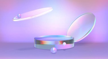 Cam morfizm dekorasyonu ve eflatun arkaplanlı boncuklu yuvarlak podyum. Kozmetik ürün sunumu için yanardöner şeffaf platformun vektör gerçekçi çizimi, duvarda ışık patlaması