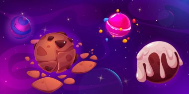 Tatlı gök cisimleriyle süslü fantezi kozmik karalar. Kurabiye gezegeni yakınlarında çikolata asteroit parçaları, bonbonlu lolipop küre, mor yıldızlı gökyüzünde dondurma kaplı dünya..