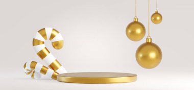 Metalik platformlu Xmas altın podyumu, beyaz çizgili baston şekerler ve Noel mücevherleri. Premium tatil sunumu için bej arka planda lüks minimalist festival sahnesi kurulumu.