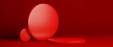Kırmızı stüdyo arka planında 3D ürün podyumu. Zeminde ödül sahnesi. Modern ekran için boş platform. Yuvarlak vitrin tabanlı minimum alan çizimi. Pankart için Geometrik iç bg
