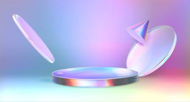 Pastel renkte yüzen geometrik elementlerle soyut holografik podyum. Havada uçuşan şekillerle çevrili dairesel metalik platform. Ürün sunumu veya markalaşması için gelecekçi görünüm modeli