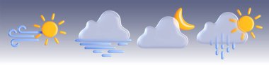 Hava tahmini simgeleri. 3D meteorolojik semboller - rüzgarlı güneş, sisli sabah, bulutların arkasındaki ay, yağmurlu gün ışığı. Meteoroloji öngörüsü için atmosferik elementlerin gerçekçi vektör illüstrasyonu.