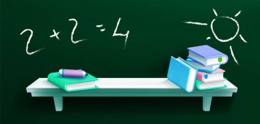 Eğitim kırtasiyesiyle okul podyumu kurulumu. Matematik denklemi ve el çizimi güneş eskiziyle birlikte beyaz raftaki çok renkli kitaplarla dolu. Öğrenme tasarımı için sınıf sahnesi.