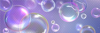 Floating transparent spheres with prismatic reflections. Multiple soap bubbles with iridescent colors and luminous highlights. Banner with 3d glass orbs design background. Holographic irregular balls. clipart