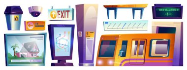 Metro istasyonları ayarlandı - Sarı tren vagonu, güzergah haritası ve mülk reklamlı dijital ekranlar, güvenlik kamerası, yön işaretleri, ahşap bank ve çöp kutusu, varış zamanı ekranı.