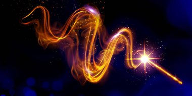 Sihirli değnek parıldayan altın izlerle ışıltılı bir etki yaratıyor. Mistik ışık akıntıları koyu arkaplanda zarif kıvrımlar oluşturur. Sihirbaz oyunları arayüzü veya efsunlu hikaye için fantezi 3d vektörü