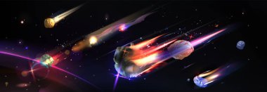 Alevli asteroit yağmuru - parlayan plazma ve ateş izli meteorlar, parlak ışık huzmeleri olan kristal uzay kayaları, galaksinin içinde uçan yanan kuyruklu yıldızlar. Kozmik ışıldayan yıldızlar ve etkiler.