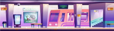 Platformu ve treni olan metro istasyonu. Yolcular, metro güzergahları haritası, tavanda varış görüntüsü, atık kutuları ve banklar, yolcu hizmetleri için kentsel toplu taşımacılığın vektör çizimi