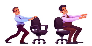 İşte esneme egzersizleri - ofis çalışanı sandalye tabanlı fitness hareketleri yapıyor. Masa başı işi sırasında mobilyaları kullanarak fiziksel aktivitelerini sürdüren bir adam. İş yeri sağlığı