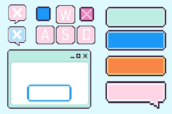 Набор элементов пользовательского интерфейса пиксельной игры - управляющие клавиши WASD, оконные рамы, речевые пузыри и прямоугольные панели в пастельно-розовых, синих, мятных и оранжевых цветах. Ретро-компьютерные игры и 8-битные приложения.