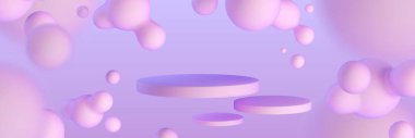 Yumuşak küresel kabarcıklarla çevrili yüzen üç dairesel podyum. Uçan silindir aşamaları ve ürün sunumu için soyut sıvı meta dekoru unsurlarına sahip Pastel pembe ve mor ortam.