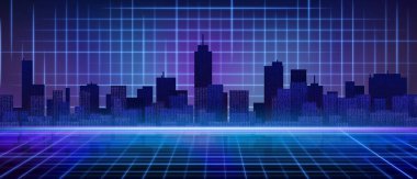 Neon şebeke arka planı ve dijital matris kodu örtülü Retro gelecekçi teknoloji şehir manzarası. Koyu gökdelenler, siber punk tasarımı için sentetik dalga estetiğiyle parıldayan mor ve mavi ufuk çizgisinde.