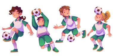 Futbol oynayan çocuklar beyaz arka planda izole edilmiş. Koşan, zıplayan, tekmeleyen top, takım oyunu, aktif yaşam tarzı, sağlıklı aktivite