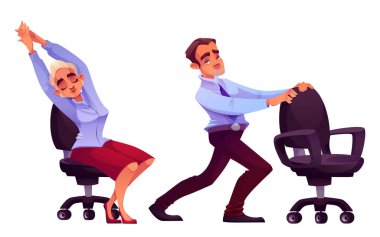 Beyaz arka planda izole edilmiş esneme egzersizleri yapan ofis çalışanları. Kadın ve erkeğin dinlenmek için yoga çalışmalarının, sağlıklı bir yaşam tarzının, iş yerinde spor yapmanın vektör çizimi.