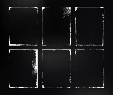 Fotoğraf çerçevesi çizim kenarları ayarlandı - kaba dokulu çevre kenarlı beyaz grunge kenarları ve hatıra defteri, klasik albüm tasarımı ve sanatsal fotoğraf örtüleri için şeffaf bg üzerinde gergin köşeler.