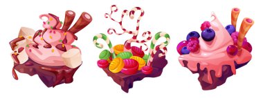 Candy land floating platform set - sweet blocks decorated with pink ice cream swirl, chocolate sticks, lollipops and candy canes, berries. Fantasy game environment elements with bright confectionery. clipart