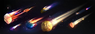 Alevli asteroit ve renkli kuyruklu yıldızlar. Derin uzayda parlayan gerçekçi gök cisimleri oyun arkaplanı veya bilimsel astronomik tasarım için parlak ateş ve kozmik tozlar bırakırlar..