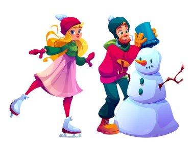 Kızların buz pateni yaptığı, sakallı bir adamın beyaz kardan adamın kafasına kova taktığı karikatür sahnesi. Neşeli insanlar sıcak renkli kıyafetler giyip Noel tatili boyunca yürüyor ve eğleniyorlar.