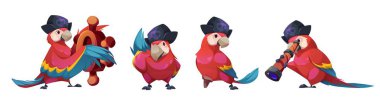 Siyah şapkalı ve kafatası amblemli korsan papağan karakteri. Kırmızı tüylü kuş, dürbünlü farklı pozlarda, ahşap tekerlekli gemi, tahta bacaklı. Macaw maskot tasarımı.