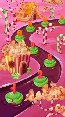 Çikolata nehri yolunda numaralandırılmış işaretli şekerlemelerle oynanan tatlı bir fantezi oyunu haritası. Şekerli manzara waffle evi, patlamış mısır binası ve karamel kamış direkleriyle süslenmiş. Şekerleme sahnesi.