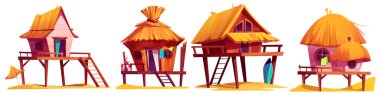 Tropik plaj kulübesi koleksiyonu. Turuncu saman çatılı ahşap bungalovlar, yükseltilmiş platformlar, tahta merdivenler, duvarlara dayanan sörf tahtaları ve renkli perdeler. Çizgi film tatil köyü kır evleri.