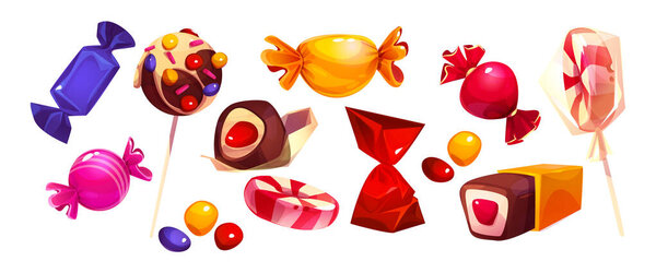 Lollipop sweets with glossy wrappers set - decorated chocolate candies, elly beans, striped peppermint circles, wrapped caramels, crystalline sugar sticks. Colorful confectionery items for shop design