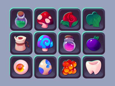 Sihirli eşyalar içeren oyun envanter ikonu koleksiyonu - iksir şişeleri parlayan sıvılar, benekli mantarlar, büyülü gül, yeşil yaprak. Parşömen, renkli yumurta, mistik böğürtlenli obje..