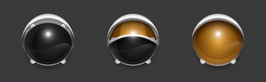 Realistic 3d astronaut helmet visors set - metallic space headgear with black and golden reflective glass, protective mounting brackets, and glossy surface details. Cosmic exploration suit elements. clipart