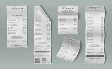 Kağıt makbuz koleksiyonu - işlem detayları, fiyat listesi, QR kodu, onay damgası ve teşekkür mesajı içeren kıvrımlı beyaz satın alma belgeleri. Ödeme kayıtları ile finansal modelleme şablonları.