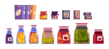 Ev yapımı muhafaza koleksiyonu. İçinde meyve, meyve ve sebze bulunan cam kavanozlar. Portakal dilimli mutfak kapları, salatalık turşusu, domates, kiraz, kiler için bezelye.