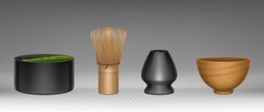 Geleneksel kibrit çay seremonisi seti. Yeşil pudra, bambu çırpısı, kömür standı ve kil içme kabıyla koyu seramik kase. Otantik Japon çayı hazırlamak için gerçekçi 3D vektör ekipmanı.