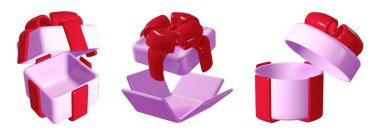 Beyaz arkaplanda 3 boyutlu hediye kutularını aç. Paketlenmemiş mevcut modellerin, kırmızı kurdeleli leylak yuvarlak ve kare paketlerin, tatil indirimli veya satış simgelerinin vektör gerçekçi çizimi