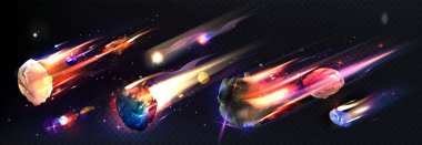 Alevli asteroit ve renkli kuyruklu yıldızlar. Derin uzayda parlayan gerçekçi gök cisimleri oyun arkaplanı veya bilimsel astronomik tasarım için parlak ateş ve kozmik tozlar bırakırlar..